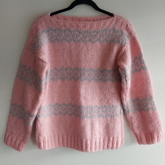 Vintage Handknit Sweaters - Vintage Hand Knit Lambswool Pink & Gray Fair Isle Boat Neck Long Sleeve Sweater